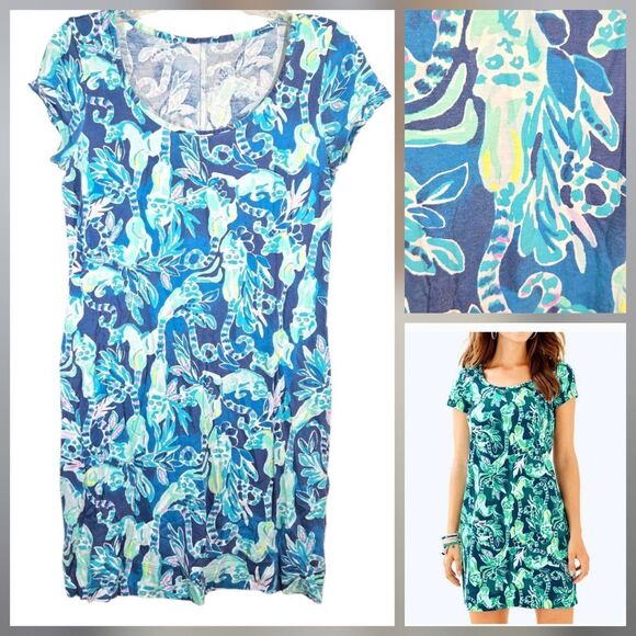 Lilly Pulitzer Short Sleeve Pima Cotton Beacon Dress Tidal Wave Tropical Blue -S - Picture 1 of 9